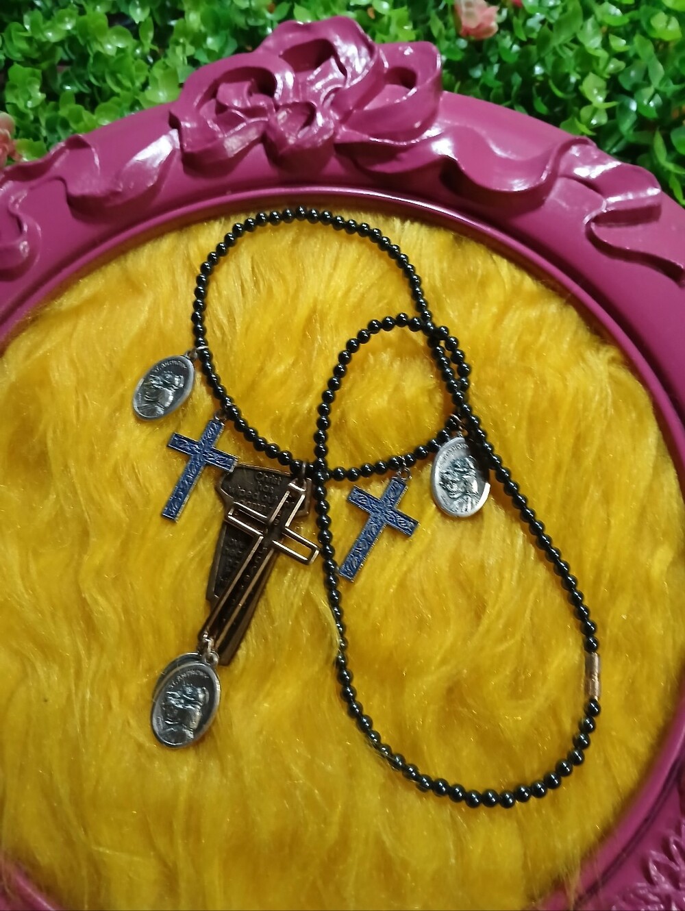 Religious Cross Charm Necklace – Black Beaded Chain – St. Anthony & Faith Medals